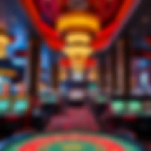 Interior view of a vibrant casino showcasing gaming tables and decor