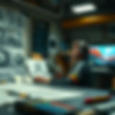 A behind-the-scenes look at game art creation, featuring sketches and digital tools