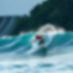 An individual surfing a powerful wave in an Asian landscape.