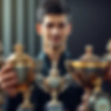 A portrait of Djokovic with his numerous trophies