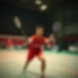 Dynamic badminton match in progress showcasing athletes' agility