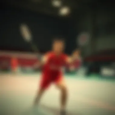 Dynamic badminton match in progress showcasing athletes' agility
