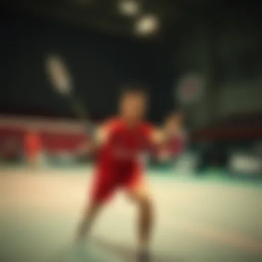 Dynamic badminton match in progress showcasing athletes' agility