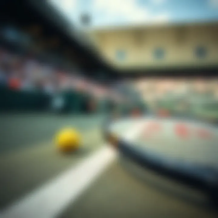 Close-up of a tennis racket and ball on the court